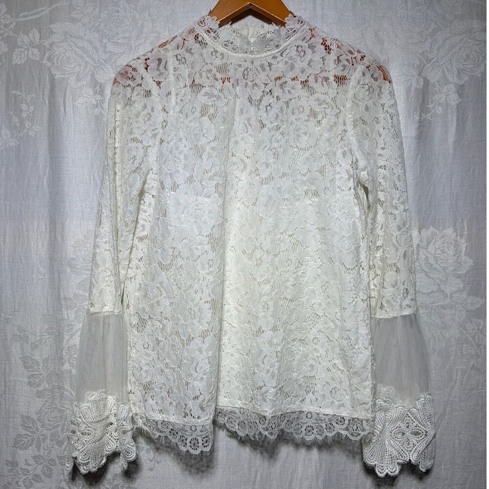 River Island Blouse 4 Eur 36 White Lace Sheer Bell Sleeve NEW Lined